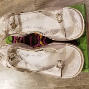 Silver satin formal wedges